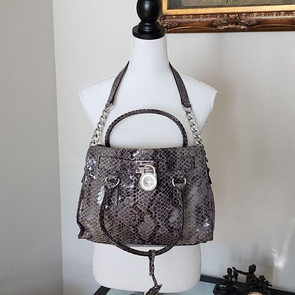 MICHAEL KORS Hamilton Dark Grey Python Snakeskin Prints Small Satchel Bag - Picture 1 of 16